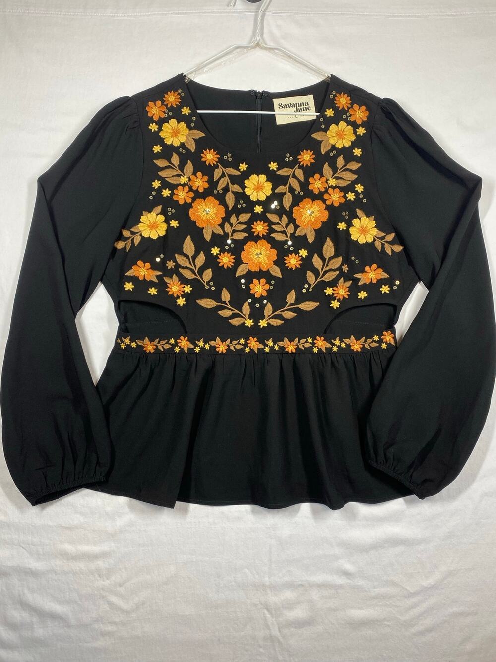 Savanna Jane Large Floral Embroidered Peplum Top Black Orange Cut Out Boho Fall